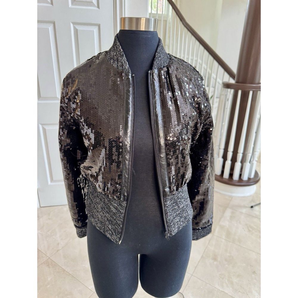 Platinum Plush Bomber Jacket Black Sequin Size L Wide Glitter Waistband Full Zip